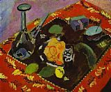 Henri Matisse Dishes and Fruit on a Red and Black Carpet painting